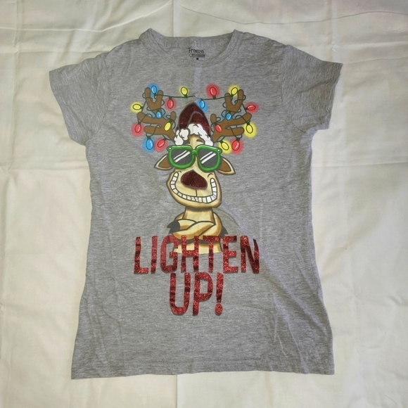 Freeze Tops - Freeze Ugly Christmas T-shirt Lighten Up Reindeer Lights Glitter Smiling Tacky